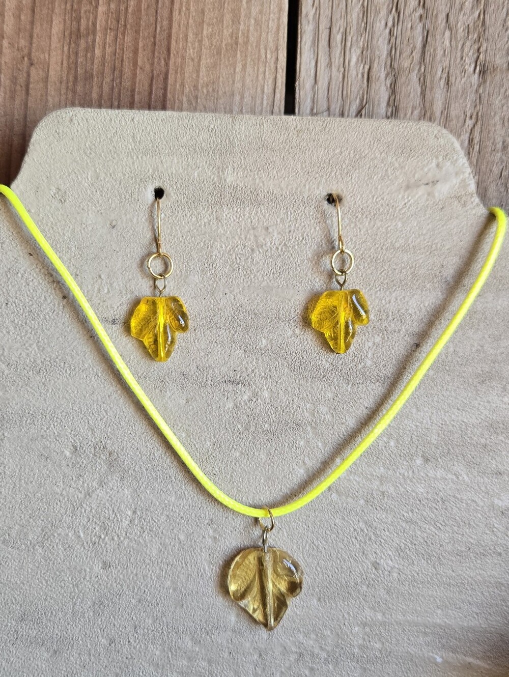 Handmade Italian Amber Gold Glass Leaf Necklace & Earrings Set